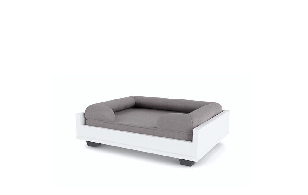 A grey memory foam bolster bed on a Fido sofa, size 24
