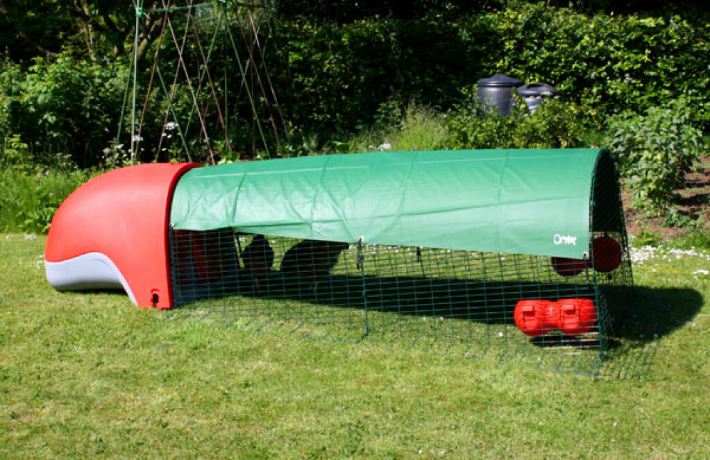 Rødt Eglu Classic hønsehus med løbegård og grønt dæksel i fuld længde, der giver skygge i haven