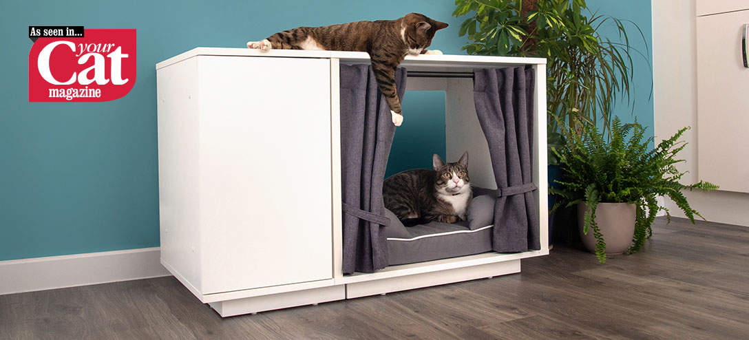 La casa interior para gatos Maya Nook está disponible en dos tamaños y cuenta con cortinas opcionales para crear un espacio cerrado y tranquilo