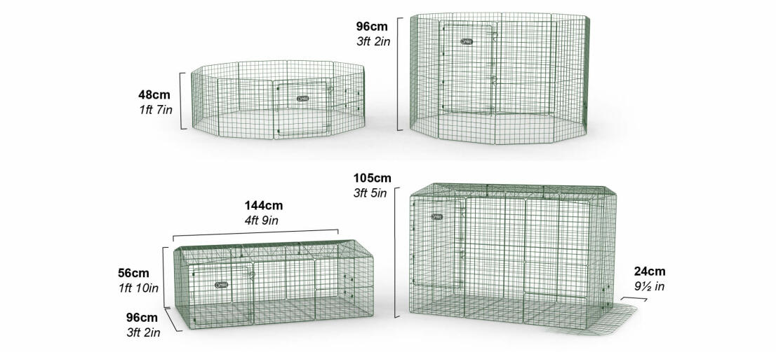 Le recinzioni per conigli Zippi e le aree gioco sono disponibili in due altezze. Potete anche aggiungere un tetto e una rete anti-intrusione.