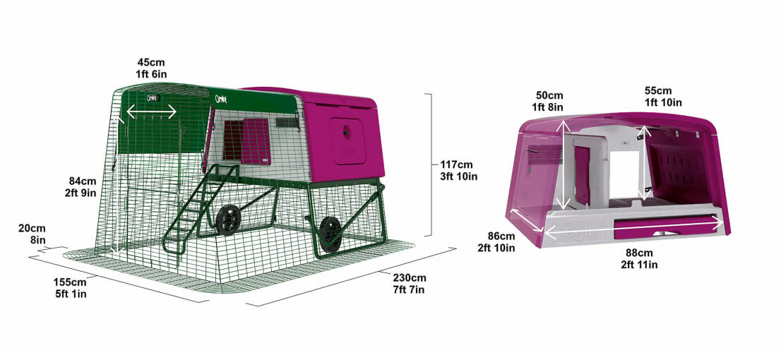 An images showing the dimensions of the Eglu Cube chicken coop.