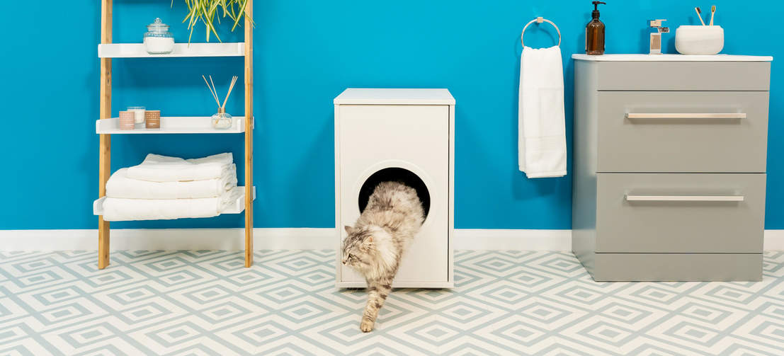 Cat Climbing out of Maya Cat Litter Box Furniture