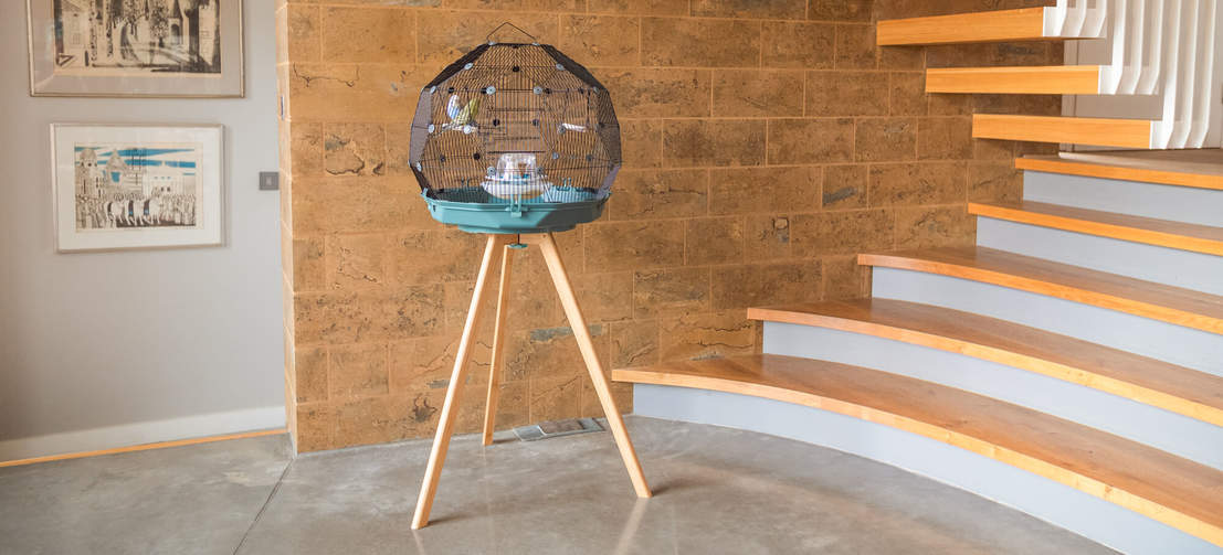 a geo bird budgie cage on a wooden stand in a home with a grand staircase