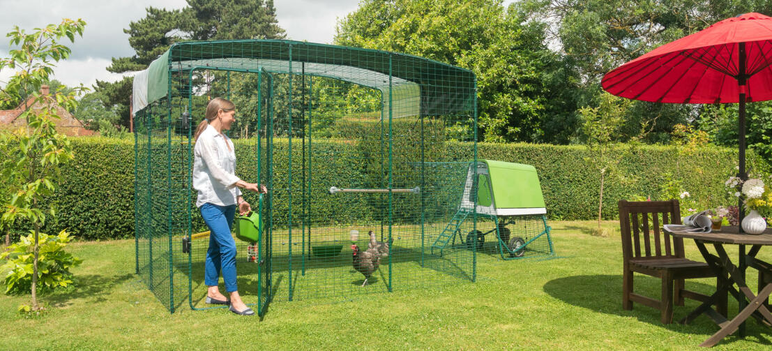 Kvinna öppnar Omlet kyckling går in i en trädgård