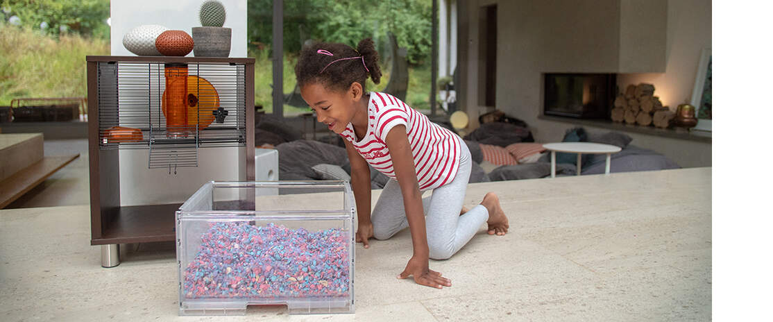 A girl looking at the burrowing box of the qute hamster and gerbil cage