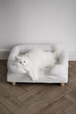 Een witte kat geniet van het comfort van zijn witte bolster bed