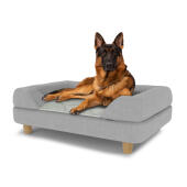 Hund sitzt auf einem großen Topology hundebett mit grauer nackenrolle und runden holzfüßen