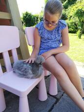 A chicken sitting on a seat next to a girl