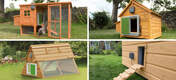 Four images of an Autodoor attached to various different wooden chicken coops