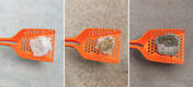 Tre forskellige Omlet kattegrus, der viser klumpning