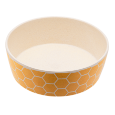 A pet bowl in yellow with a geometric design.