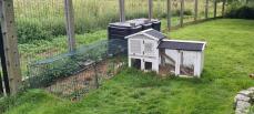 Un recinto bajo para conejos en un jardín