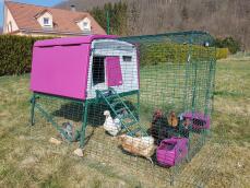 Some chickens inside a pink chicken coop with a run in a garden