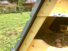 A close-up photo of the nesting area of a wooden chicken coop
