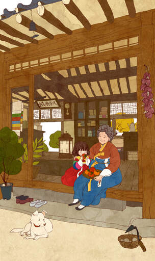 En traditionell tecknad teckning av en koreansk jindo