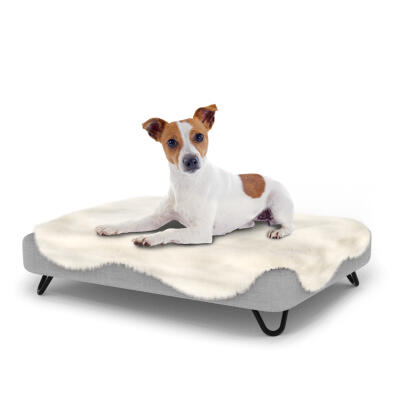 Lujosa cama para perro fácil de limpiar con funda de piel sintética de oveja y patas de de horquillas negras - Pequeña