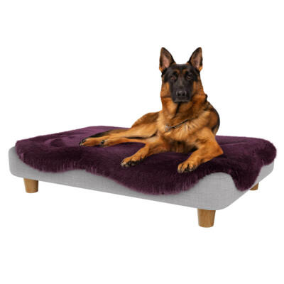 Topology Dog Bed with Damson Purple Sheepskin Topper and Round Wood Feet - Large