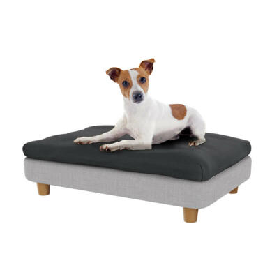 Cama para perros Topology con funda puf gris oscura y patas de madera redondas - Pequeña
