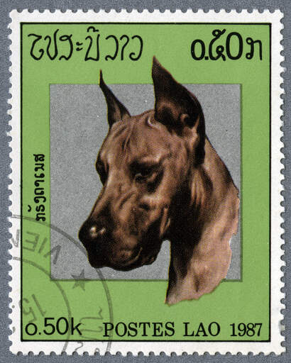 A Great Dane on a Southeast Asian stamp