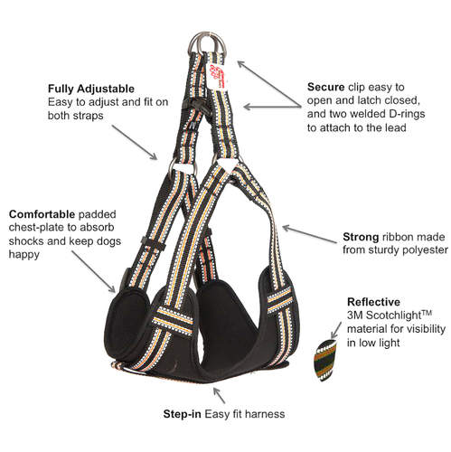 Long paws padded comfort dog harness black features