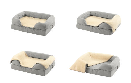 Un lit à traversin en mousse à mémoire de forme gris avec une couverture en peluche crème par-dessus, dans différentes configurations