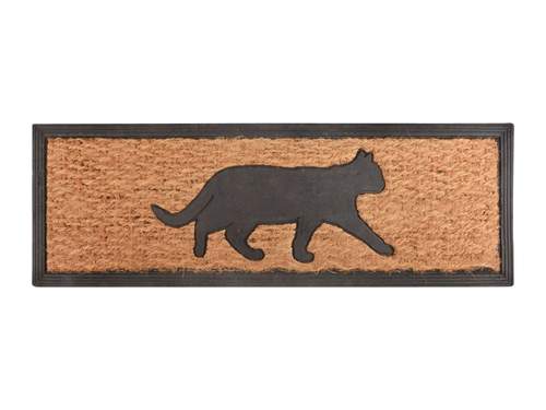 A coir door mat with a cat on the front.