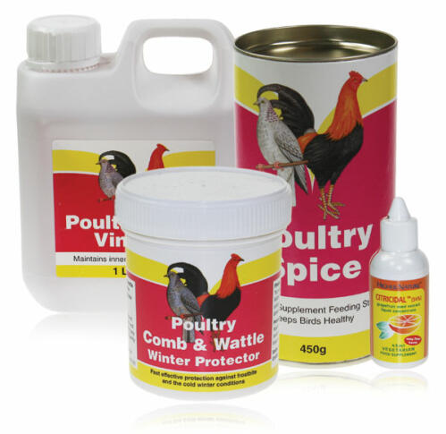 A selection of healthcare products your pet chickens.