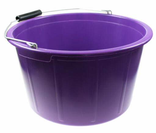 A purple bucket for cleaning our your chicken coop.
