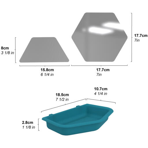 The dimensions of the Omlet mirrors and water bowl.