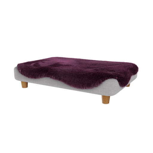 topology memory foam dog be with purple sheepskin topper and wooden round feet