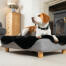 Gitzwarte faux schapenvacht topper en ronde houten voetjes voor Topology hondenbed