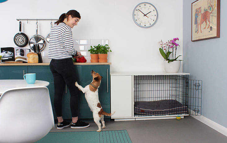The Fido Studio dog crate fits great in any room of the house