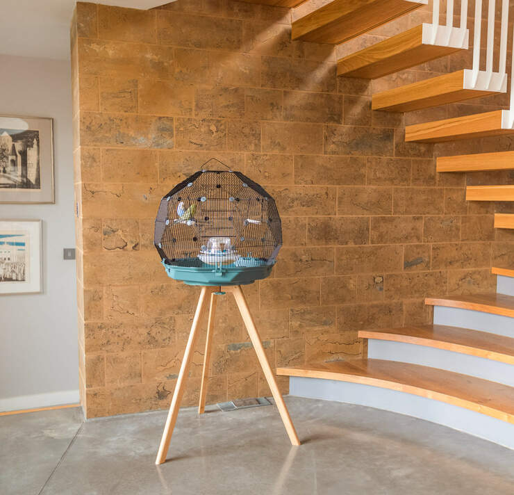 Ein Geo Vogelkäfig mit Wellensittichen auf einem Holzständer in einem Haus mit einer großen Treppe