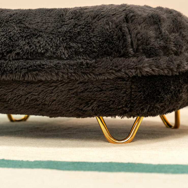 Une image en gros plan des pieds de l'épingle à cheveux Gold sur le lit pour chat earl grey donut