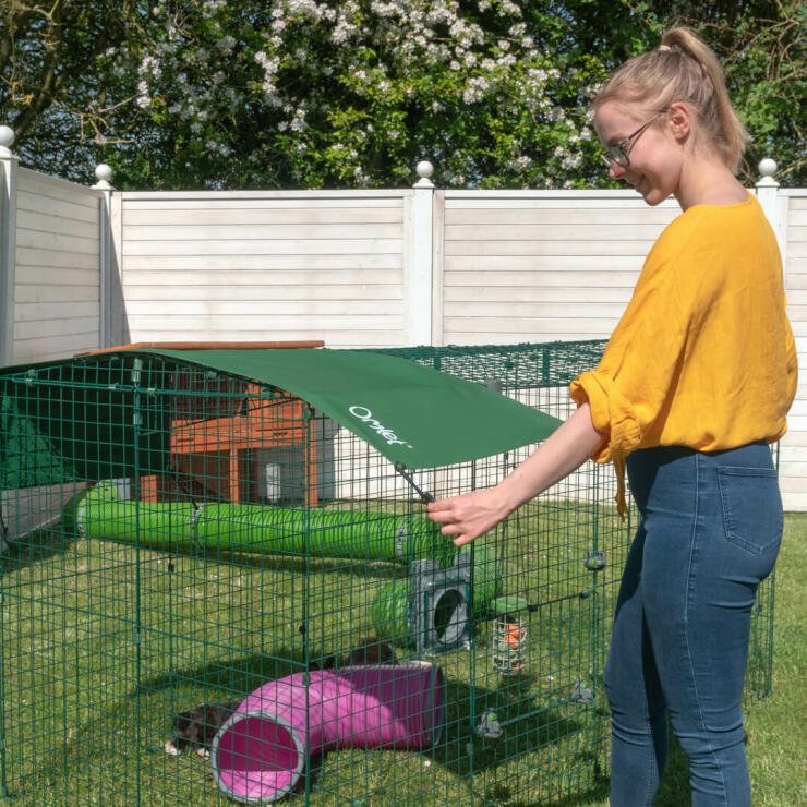 Lady with Omlet Zippi Rabbit Playpen with Hutch connected with Zippi Tunnel
