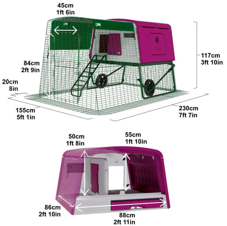 An images showing the dimensions of the Eglu Cube chicken coop.