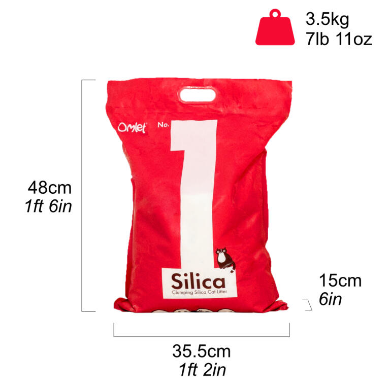 Silica cat litter bag showing dimensions