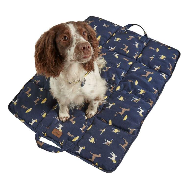 Dog sitting on Joules Travel Dog Mat