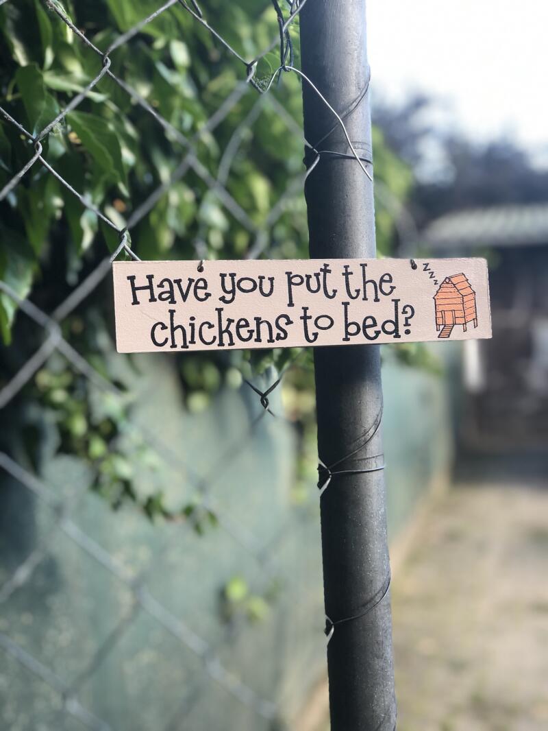 Har du sat hønsene i seng skiltet på et hegn