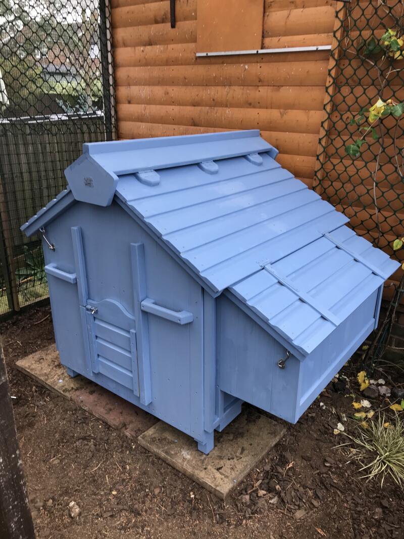A wooden chicken coop painted in blue