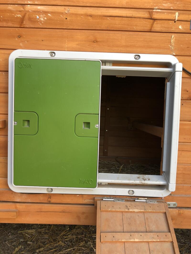 Omlet Green Automatic Chicken Coop Door Attached to Wooden Chicken Coop
