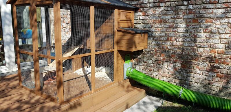 A large wooden rabbit hutch with a Zippi tunnel attached to in