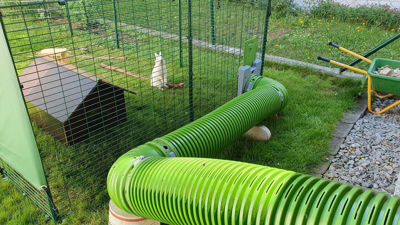 Un corral para conejos Zippi que conecta una conejera con un corral para conejos.