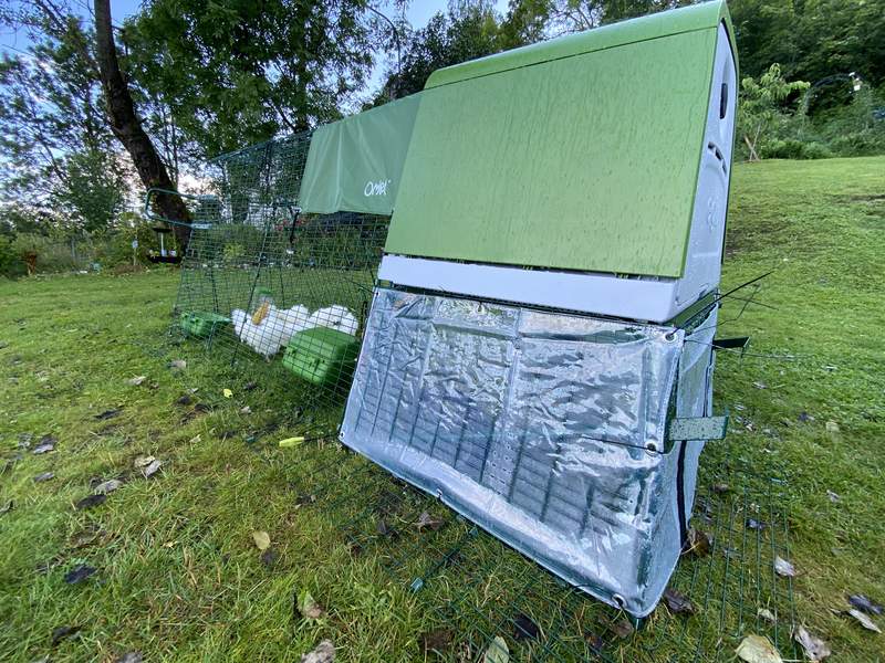 An Eglu go UP chicken coop with clear covers at the back.