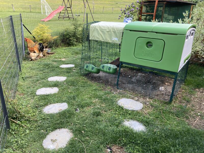 A green chicken coop with a run in a garden