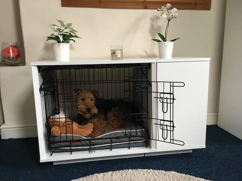 a brown and black dog in a fido nook with a wardrobe attached