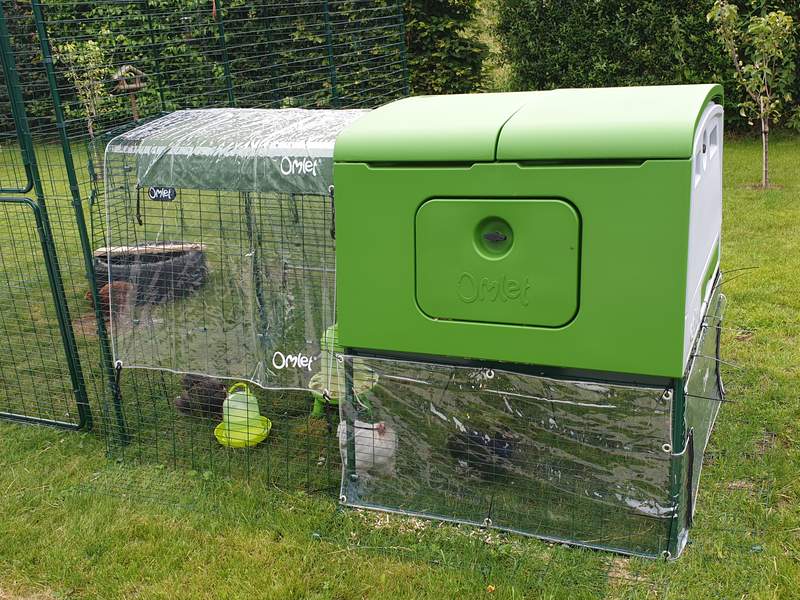 An Eglu Cube chicken coop with clear covers con the top and side.