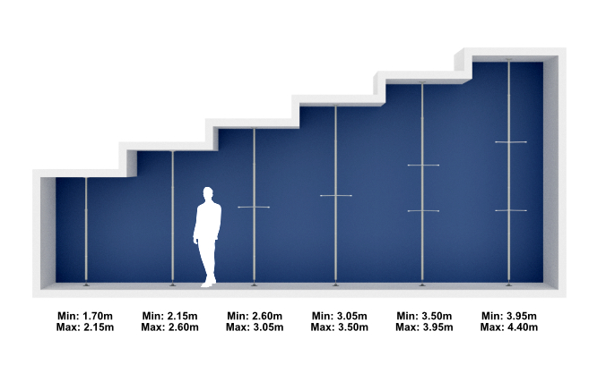 Kies uit zes verticale paal hoogtes reikend tot 4,40 m.