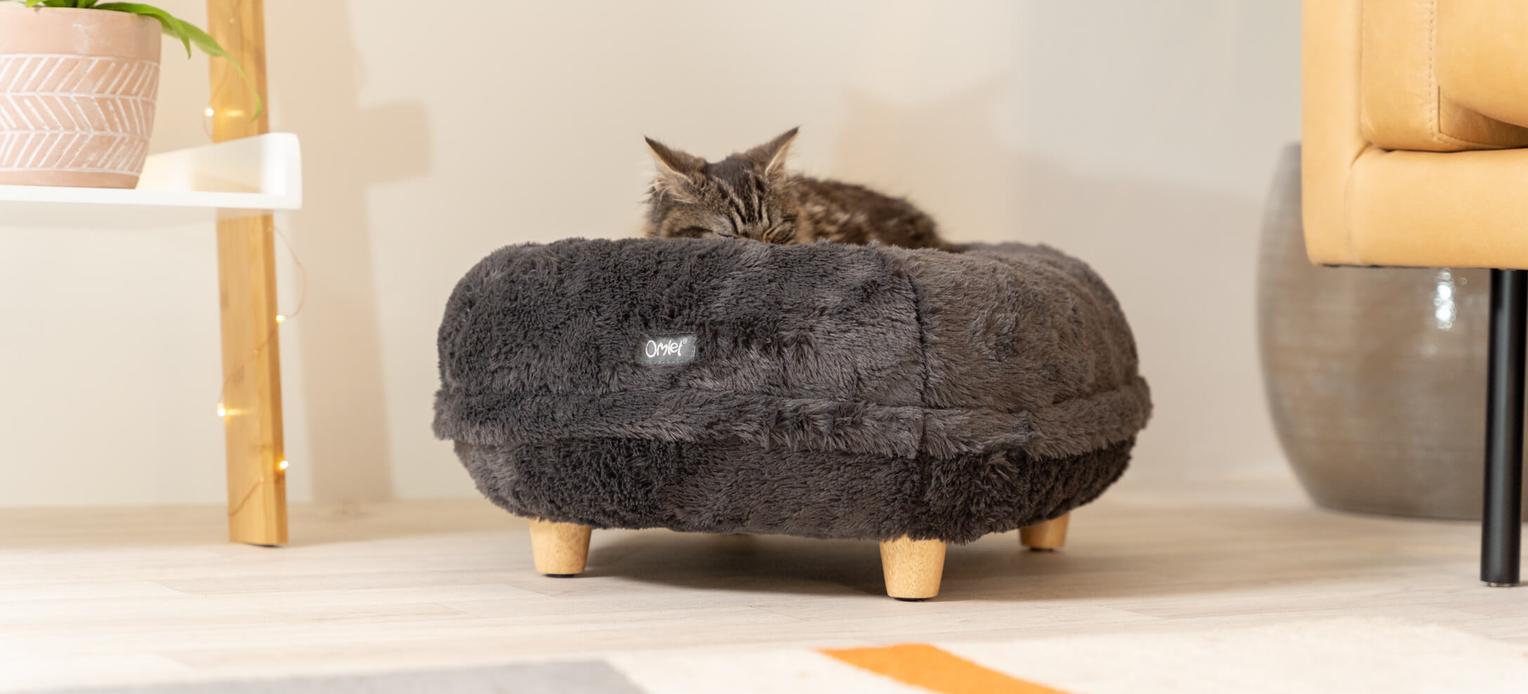 A tabby kitten sleeping on a donut shaped bed