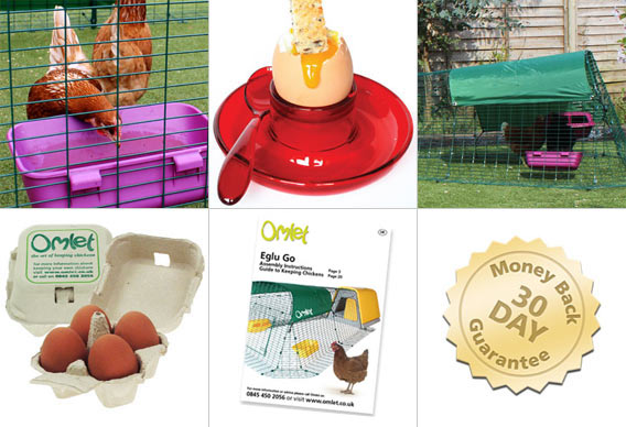 Feeder, Drinker, All Weather Shade, Omlet egg boxes, Omlet guide on chicken keeping, 30 day money back guarantee.